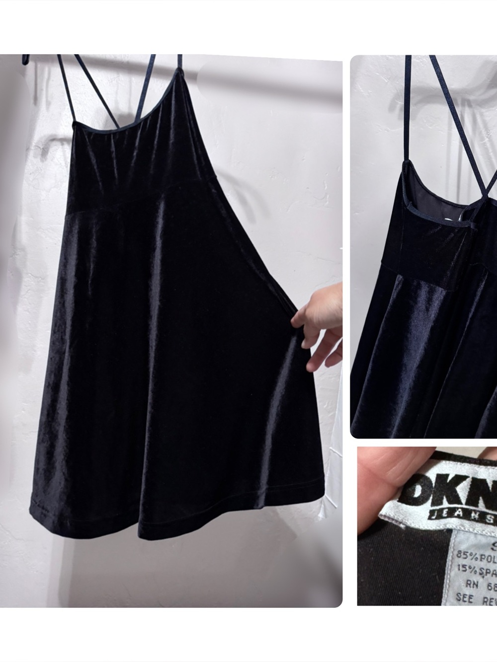 Vintage 90s DKNY Black Velvet Cross Back Mini Dress - Size Small